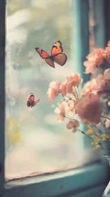 Gentle butterflies drift above pastel blossoms by the window.