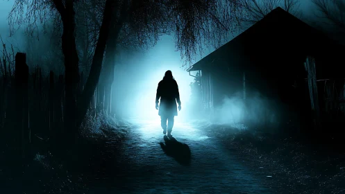 Mysterious figure strolling toward a misty midnight light.