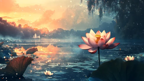 Radiant lotus blooms in a dreamy sunset lakeside sanctuary