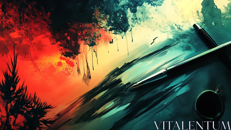 Chromatic landscape sketch with pens on abstract canvas