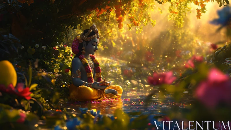 Divine blue-skinned figure meditating by a luminous forest stream