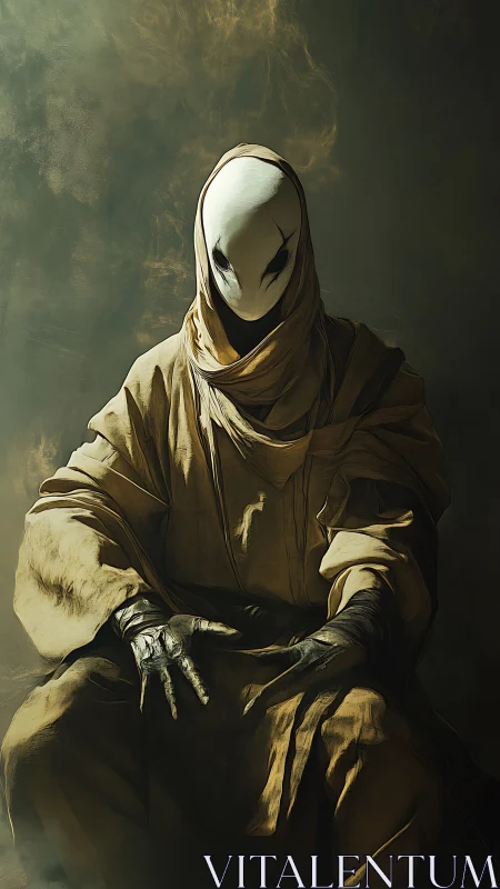 Shrouded faceless figure in desert robes, seated in shadow.