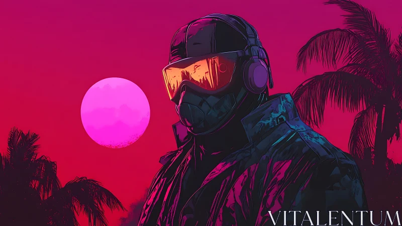 Neon-clad tactical rider under magenta cybernetic sunset.