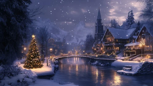 Snowlit riverside village twinkling under midnight carols.