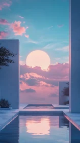 Geometric terrace framing pastel sun over mirrored pool.
