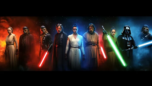 Iconic Jedi and Sith lineup rendered in cinematic digital lighting