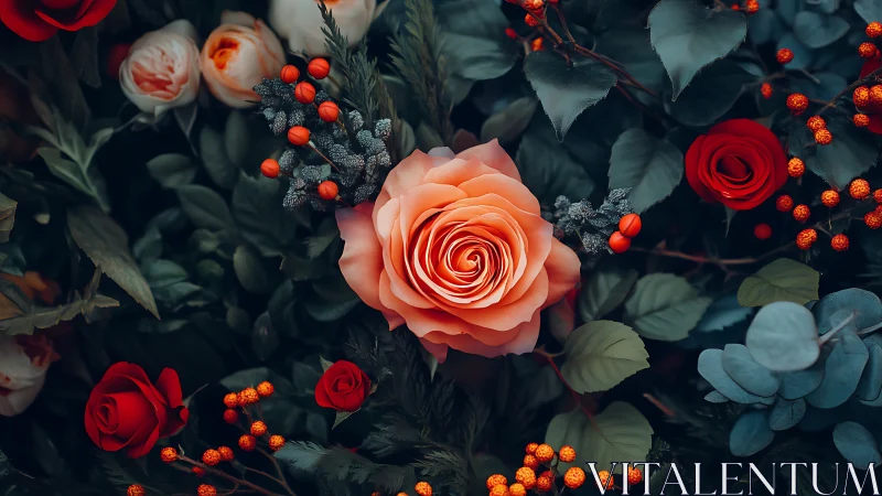 Coral Rose Focal Study with Hypericum and Eucalyptus Layering.