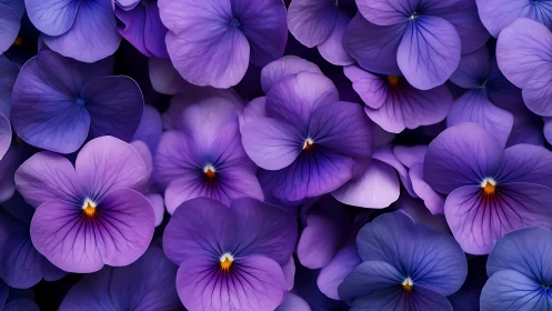 Purple pansies densely packed with visible stamen and translucent petals