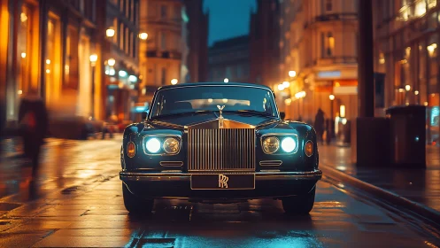 Vintage luxury sedan glows on a wet city street at dusk.