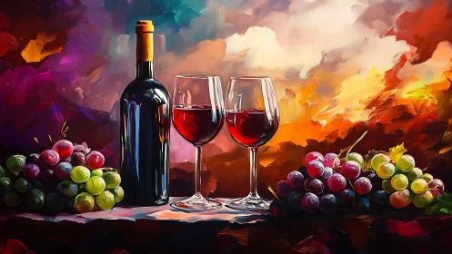 Wine bottle and grapes glow under vivid sunset brushwork.
