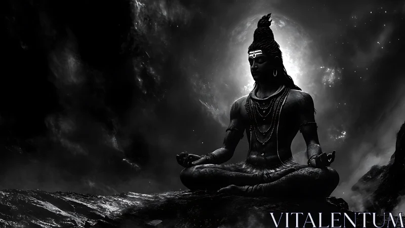 Monochrome divine yogi statue in cosmic backlit silhouette.