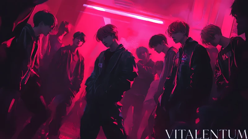 Brooding street youth gather under neon crimson light.