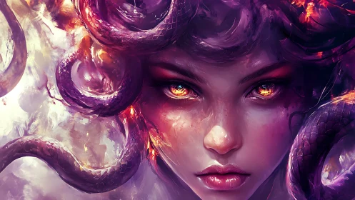 Serpents of starlit fire crown a gaze carved from storms