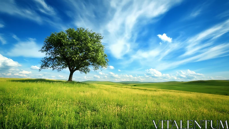 Solitary tree on expansive green field under vivid sky.