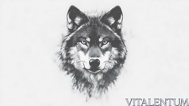 Monochrome wolf portrait rendered in detailed ink linework
