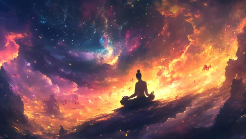 Meditating silhouette holds stillness within cosmic firestorm