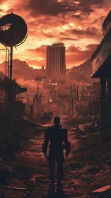 Armored figure in ruined settlement under red sunset sky.