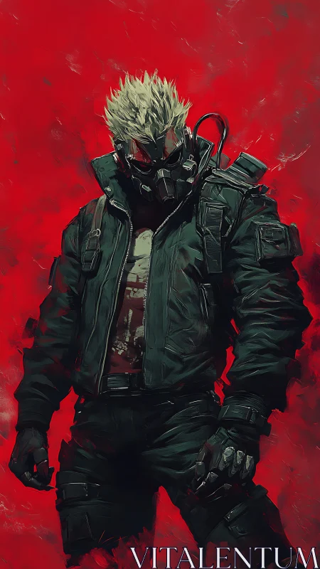 Masked cyberpunk soldier in dark gear on red field.