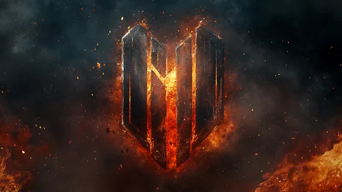 Glowing geometric shape engulfed in orange and red flames.