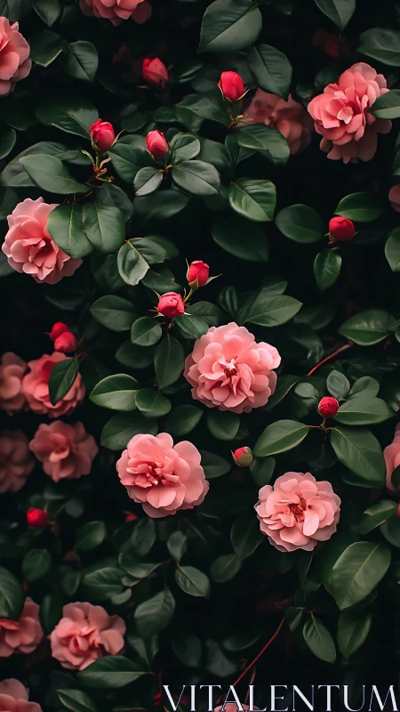 Pink roses with green foliage displayed in overhead composition.