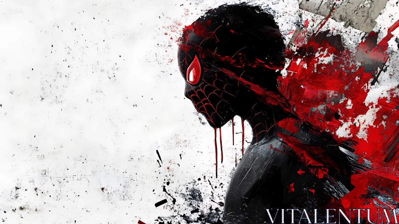 Silhouetted spider-hero dissolves into red splatter chaos.