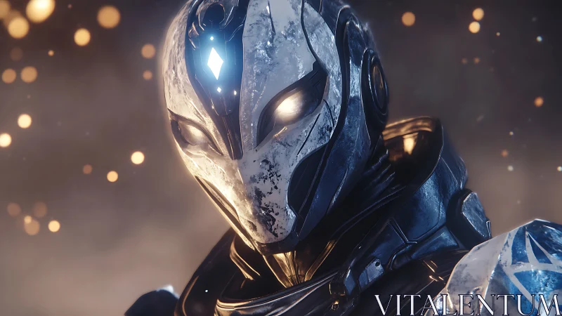 Luminous armored android gazes ahead with quiet resolve tonight