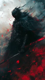 Shadowed dark knight rises from a storm of blood and ash.