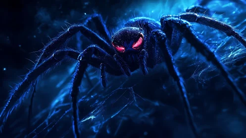 Bioluminescent spider rendered in neon blue with glowing red eyes