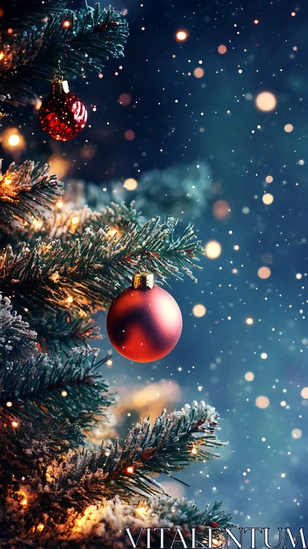 Snowy Christmas tree glows softly with red glass baubles