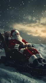 Gentle Santa enjoys a quiet sleigh pause in falling snow