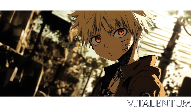 Cyber-noir anime youth surveys derelict urban wasteland scene