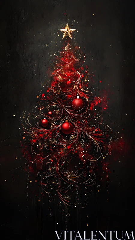 Red abstract Christmas tree with gilded star highlights.