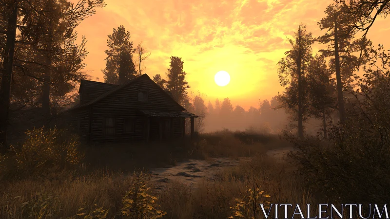 Golden sunset glow around a quiet cabin in the woods.