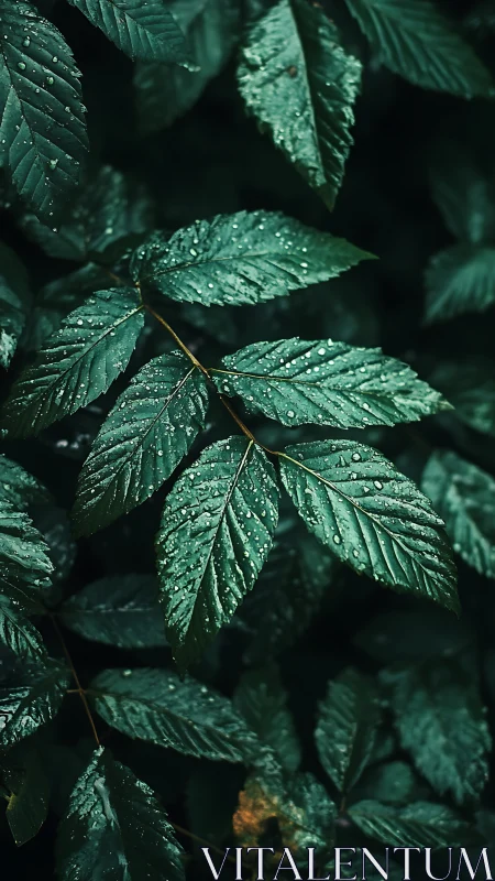 Dark green forest leaves covered in fresh raindrops.