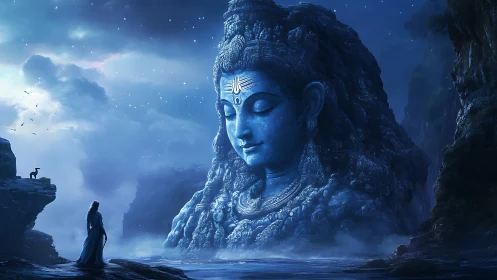 Colossal blue deity sculpture in misty nocturnal cove.
