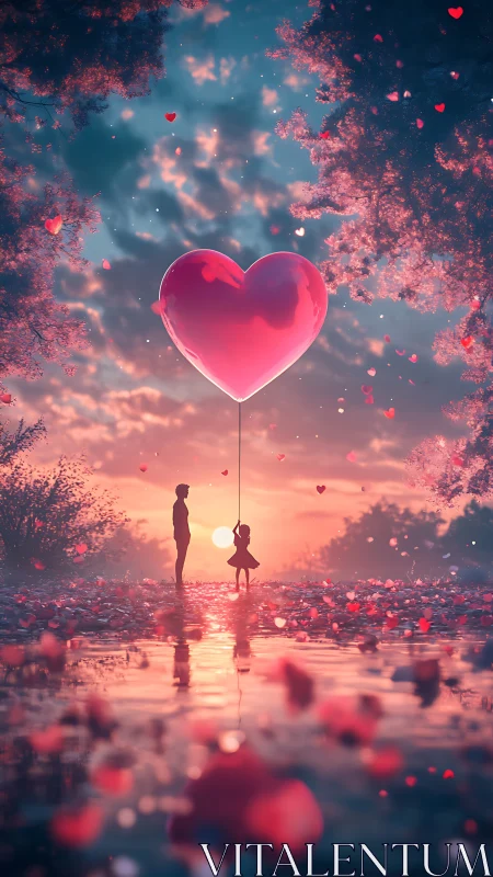 Luminescent Heart Balloon Above Two Silhouetted Figures in Particle-Laden Landscape