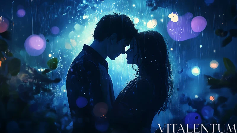 Two figures in silhouette embracing in rain with neon lights