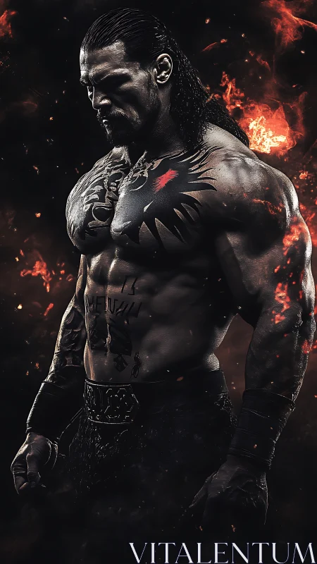 Muscular warrior portrait in ember-lit, high-contrast profile
