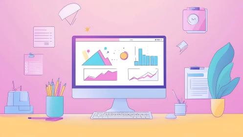 Colorful workspace illustration with computer and charts