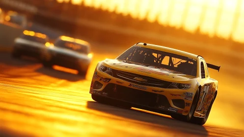 Yellow stock car on sunlit racetrack during competition.