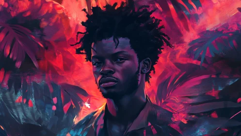 Portrait of a man amid neon jungle light radiates quiet power