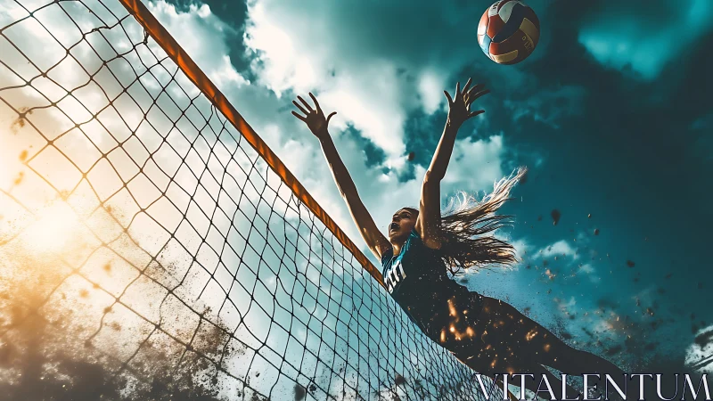 Female volleyball player dives at net under dramatic sky.