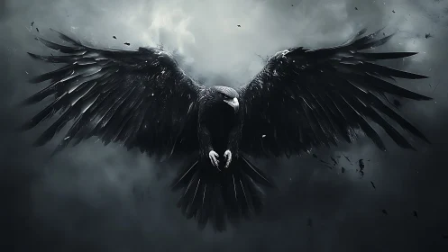 Digital painting of dark raven with outstretched storm wings.