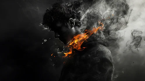 Silhouetted young man with fiery smoke swirling around neck.