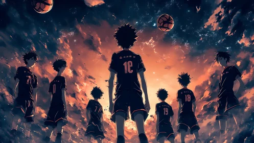 Volleyball team stands united beneath a blazing twilight sky.