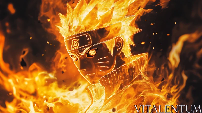 Fiery anime shinobi portrait rendered in high contrast flame field