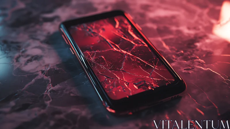 Cracked smartphone display under red-tinted specular lighting.