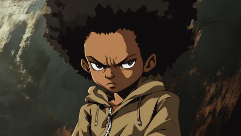 Serious afro-haired anime boy in tan hoodie portrait.