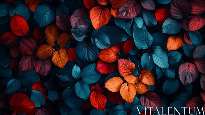 High contrast autumn foliage in cyan orange duotone palette