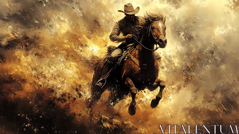 Dynamic digital painting of galloping cowboy and rearing horse